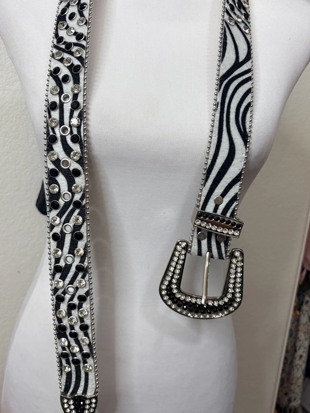 Cow hair Animal Print Rhinestone Western Belt - Black & White